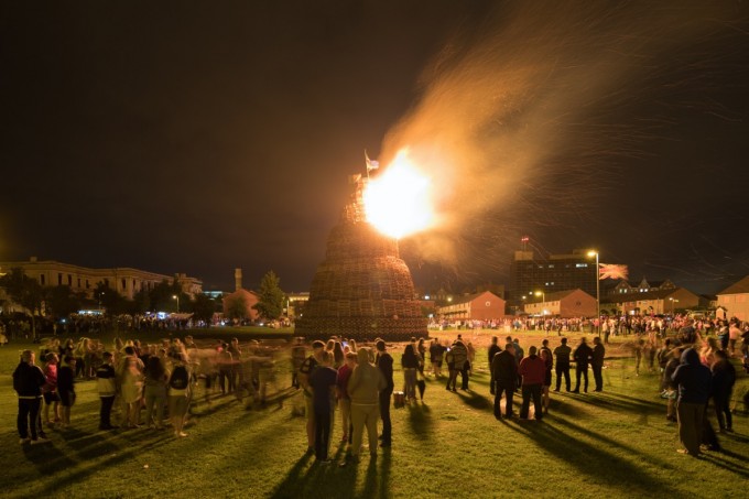 The main Shankill bonfire a few minutes after lighting.