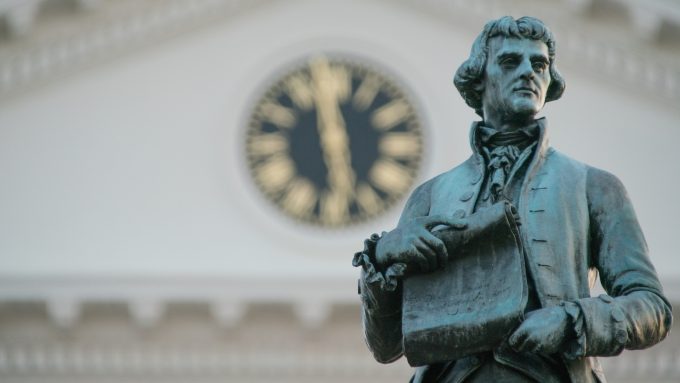 A statue of Thomas Jefferson on the campus of UVA. Jon Sonderman/Flickr CC.
