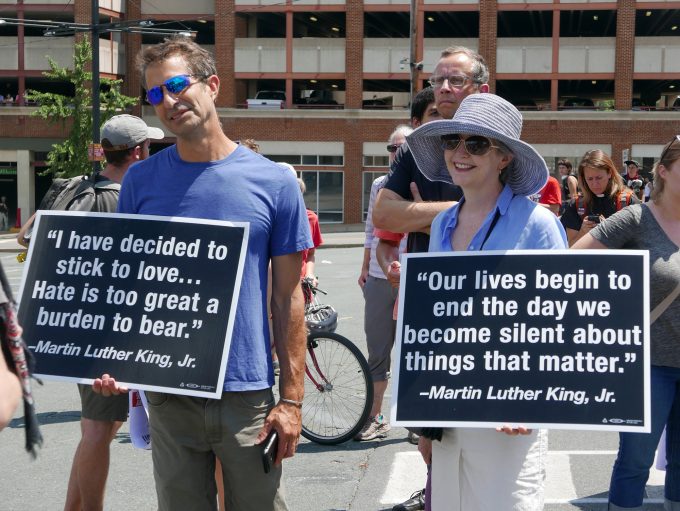 Counter-protesters and clergy in Charlottesville, VA on 8/12/17. Susan Melkisethian/Flickr CC